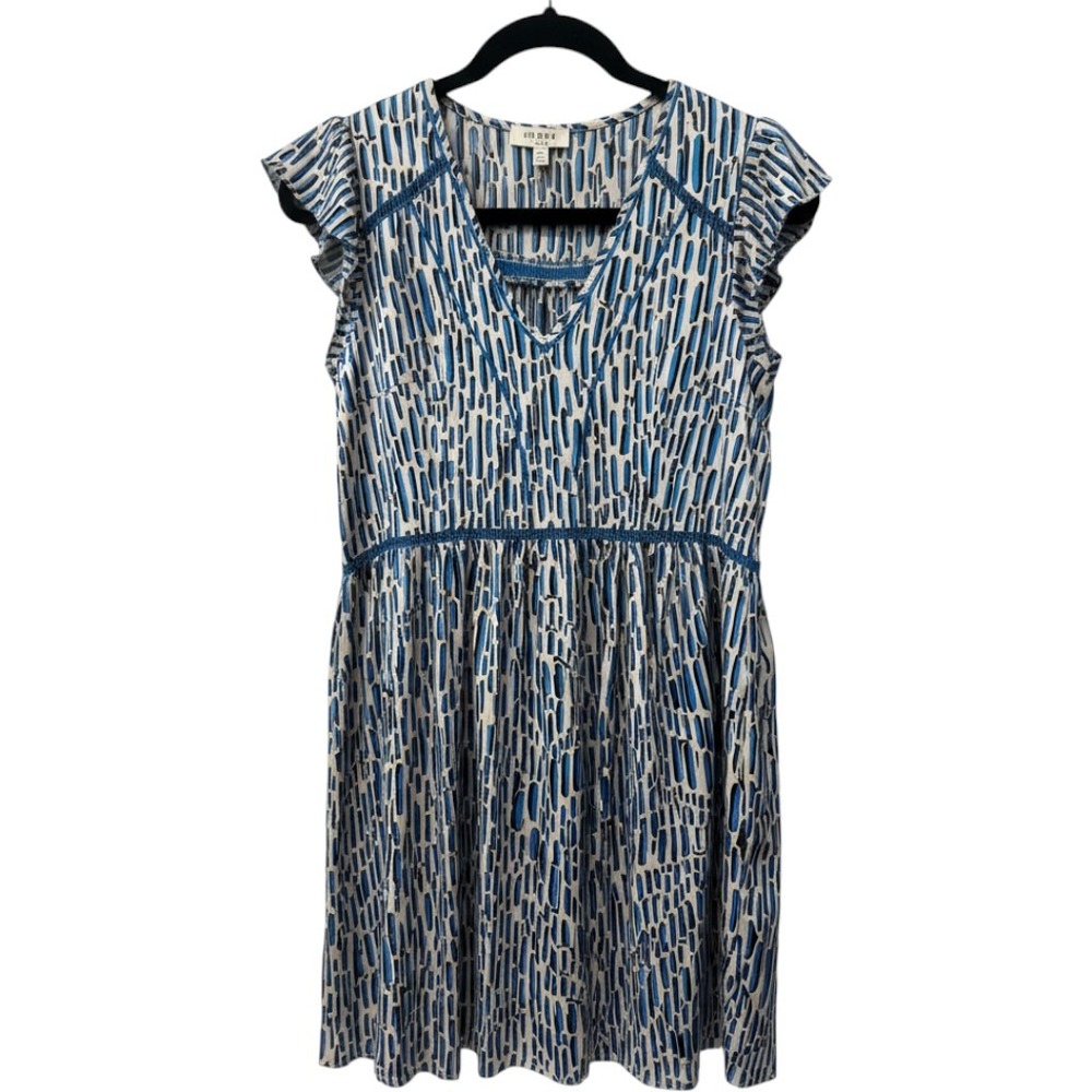 Umgee NWT Blue & Cream Abstract Boho Dress Crochet Trim Flutter Sleeve Sz S - Picture 2 of 11